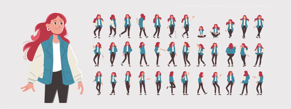 Comprehensive collection of animated poses for a lively cartoon young woman with flowing red hair, depicting various actions and expressions for digital projects