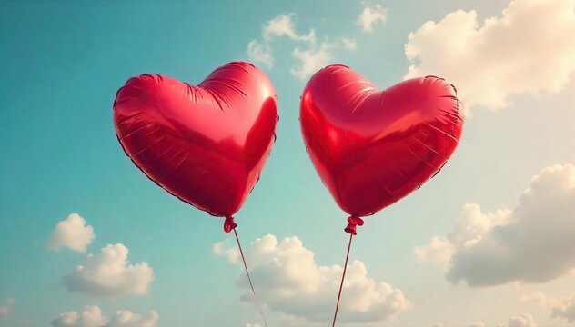 Heart-shaped balloons drifting apart, symbolizing a bittersweet end to a relationship Perfect for depicting separation, heartbreak, and the complexities of love's end , end, space, distance