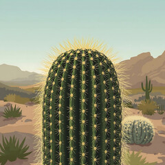 Ferocactus cactus, large barrel shape with thick golden spines, desert background, realistic botanical photography, sharp details