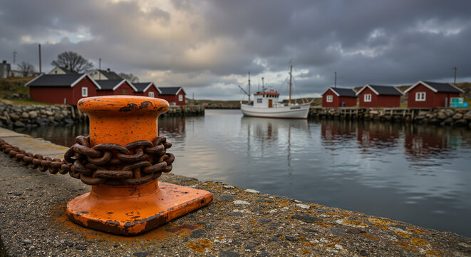 Atmospheric shot of a tranquil harbor with a rusty bollard chained at the dock