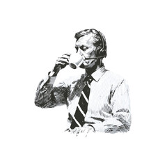 Monochrome Portrait of Businessman with Headset Drinking Coffee