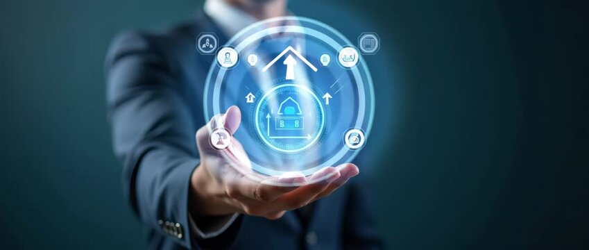 Hand showing holographic scalability symbol for low code development in empty space background concept as Hand displaying holographic scalability symbol indicating low code developments ability to sca