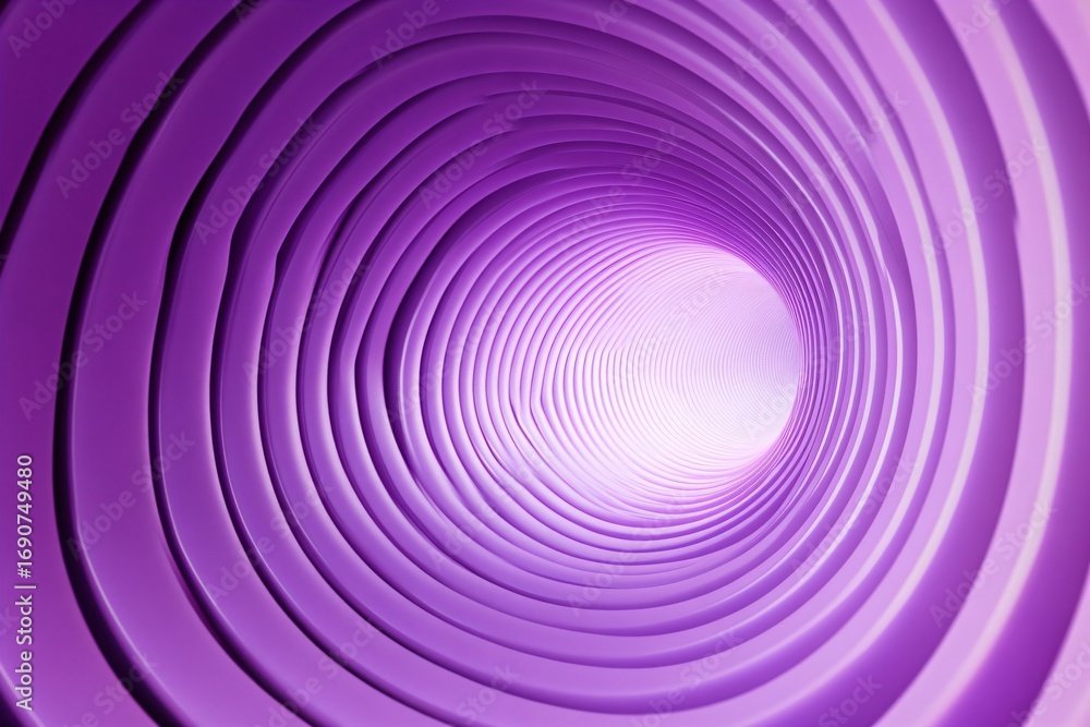 Poster abstract purple spiral tunnel with glowing light at end. modern 3d render background with geometric 