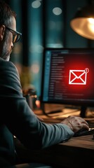 Fototapeta premium Employee Engaged in Phishing Simulation Training While Analyzing Email Alert on Computer Screen in Modern Office Setting