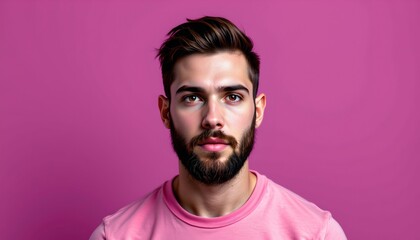 Obraz premium A man standing against a vibrant pink background. He is looking directly at the camera with a serious expression. His attire consists of a pink t shirt that matches the background