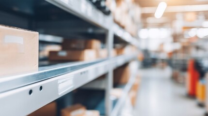 Industrial metal shelves with compartments storing cardboard boxes in an organized warehouse setting,