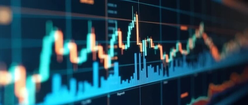 Abstract Financial Trading Graphs: Forex Market Trends with Gold and Blue Digital Charts on Monitor - Stock Photo Concept with Empty Space for Customization