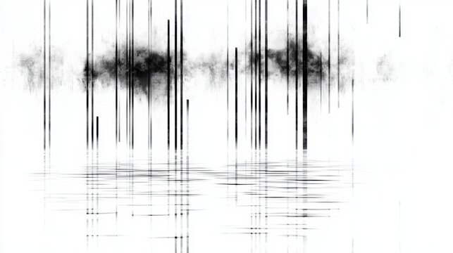A black and white abstract image with vertical lines and a central dark area.