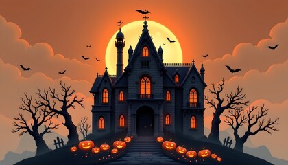A Halloween themed scene with a spooky castle at its center, complete with a full moon overhead and gothic decorations such as gravestones and pumpkins around it.