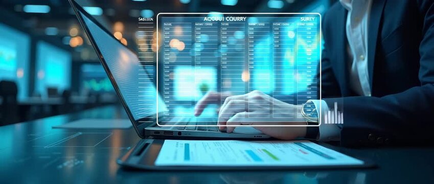 Photo Realistic Accountant in Futuristic Office: Long Shot of Professional Using Financial Software and Digital Ledger Amid Holographic Displays and Advanced Technology - Innovative Accounting Environ