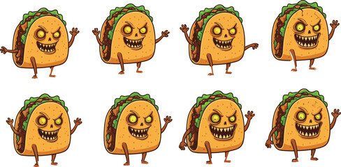 Scary Zombie Taco Characters, Creepy Halloween Food Monsters, Spooky Animated Tacos with Evil Faces for Horror Art, Stickers, and Games