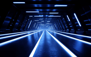 Obraz premium Futuristic blue-lit tunnel with glowing lines and modern design