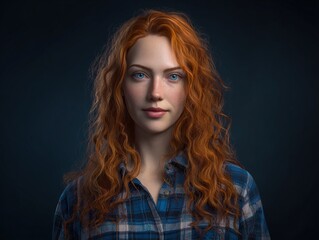 Fototapeta premium A beautiful portrait of a woman with red hair and blue eyes, wearing a casual shirt, with soft lighting and a neutral background, featuring a clear focus and high resolution.