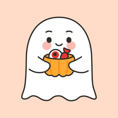Cute Halloween Ghost Holding Pumpkin Candy Bowl Cartoon