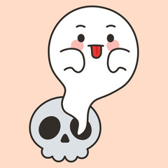 Spooky Cute Halloween Ghost with Skull Cartoon