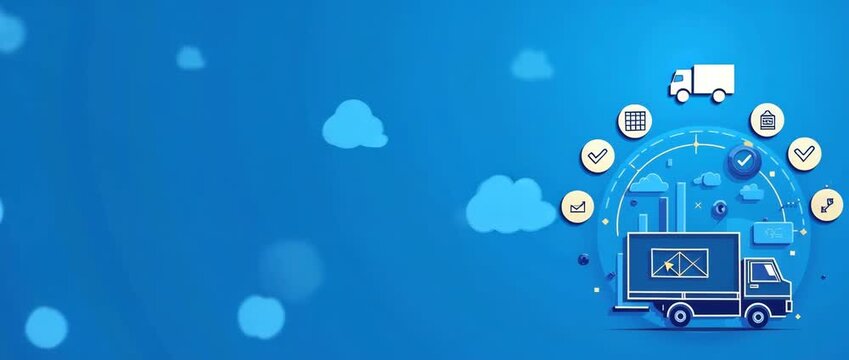 Photo realistic as Warehouse dashboard and logistics icon with space for text and graphics on a blue background concept as A sleek warehouse dashboard and logistics icon design featuring space for bot