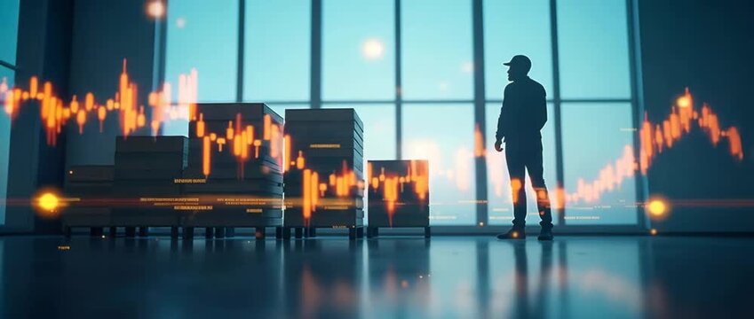 Photo realistic as Silhouette of a pallet and a stock ticker symbolizing inventory financing in double exposure with copy space. concept as A silhouette of a pallet intertwined with a stock ticker rep