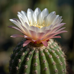 Echinopsis cactus, round green body with ridges, large white and pink flower blooming dramatically, close-up photography, natural daylight