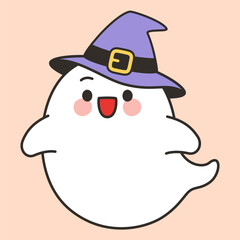 Cute Halloween Ghost Wearing Witch Hat Cartoon