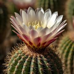 Echinopsis cactus, round green body with ridges, large white and pink flower blooming dramatically, close-up photography, natural daylight