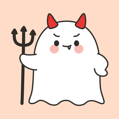 Cute Halloween Ghost with Devil Horns and Trident Cartoon