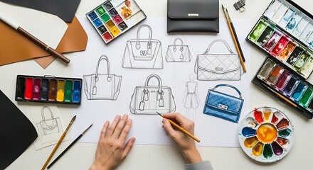 Top view of fashion designer drawing a sketch of a bag with watercolor and equipment on the table, isolated on white background