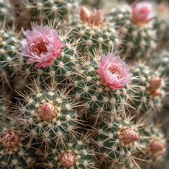 Mammillaria cactus cluster, small round bodies covered with soft white spines, crown of small pink flowers around the top, macro photography, bright natural light