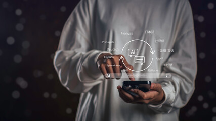 AI assistant translation technology with real-time multilingual voice recognition, smart language conversion, and communication support for global business and digital platforms.