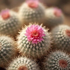 Mammillaria cactus cluster, small round bodies covered with soft white spines, crown of small pink flowers around the top, macro photography, bright natural light