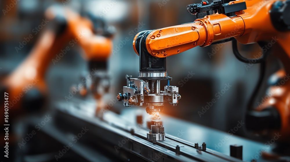 Poster automated robotic arms precisely manipulate metal components on a production line, showcasing the ef