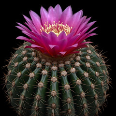 Gymnocalycium cactus, round shape with dark green body, ribbed structure, blooming pink flower, macro botanical photography, high detail