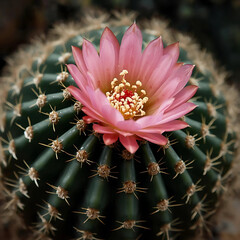 Gymnocalycium cactus, round shape with dark green body, ribbed structure, blooming pink flower, macro botanical photography, high detail