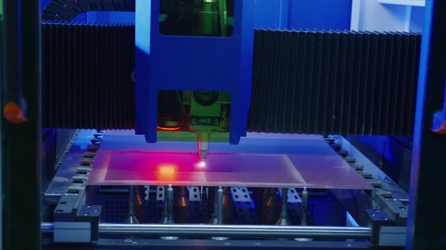 Precision industrial laser engraving machine cutting plexiglas sheet with high accuracy red laser beam, showcasing advanced manufacturing technology in modern factory environment