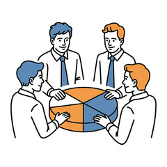 Fototapeta premium Four business people are standing around a pie chart, discussing the data and planning the next steps