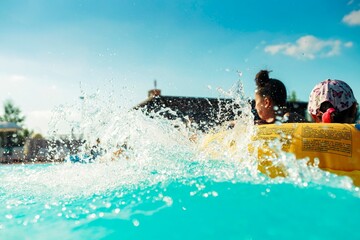 Two young friends enjoy a bright sunny afternoon at a outdoor swimming pool, splashing each other....