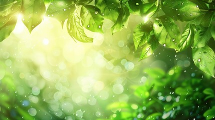 Lush green leaves with water droplets glistening in sunlight creating a refreshing natural scene