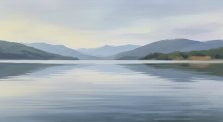 Serene Lake Reflects Misty Mountain Landscape