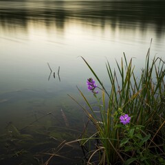 Purple wildflowers bloom beside a tranquil pond.