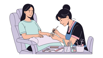 Young woman relaxing in a comfortable chair while a professional manicurist meticulously applies nail polish to her fingernails at a salon