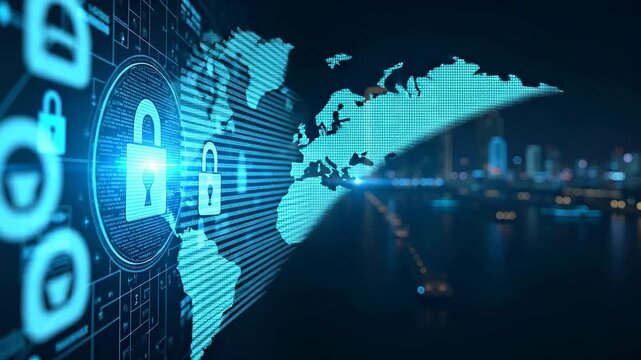 Modern Digital Visualization of Cybersecurity in Global Finance: Proactive Threat Detection, Fortified Infrastructure, and Comprehensive Data Risk Management - Photo Stock Concept with Empty Space