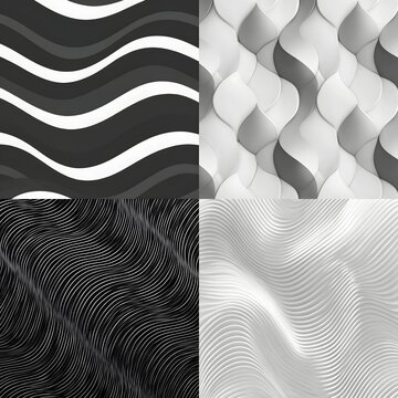 Dynamic Wavy Patterns: An artistic display of seamless grayscale waves, each quadrant featuring unique textures, creates a visually engaging composition suitable for backgrounds, graphics.