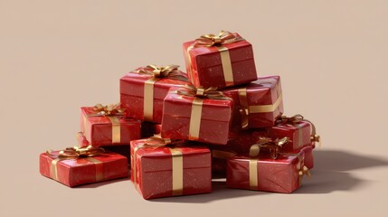 Obraz premium Pile of Festive Red Gift Boxes with Golden Ribbons on Beige Background