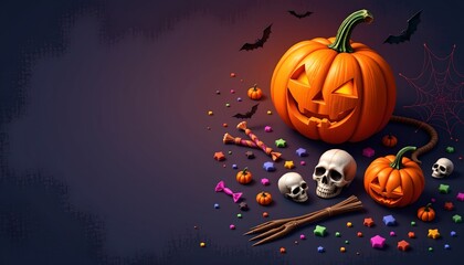 A vibrant Halloween themed digital illustration with a focus on a spooky pumpkin, decorated skulls, scattered candy, and elements of a festive autumn night