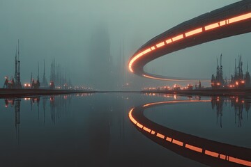 Futuristic city reflected in a misty river