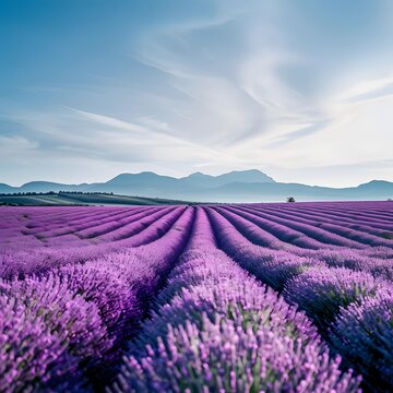 Lavender Field under the sky: A captivating view of endless rows of purple lavender, swaying gently in a breeze, under the majestic blue sky, inviting a sense of peace and serenity. 
