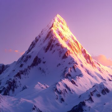Majestic Mountain Peak at Sunset: A breathtaking view of a snow-capped mountain peak, illuminated by the warm, golden light of sunset, stands against a vibrant sky.