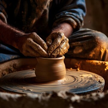 Artisan Crafting Pottery: Capturing the focused craftsmanship of a ceramic artist molding clay on a spinning wheel, showcasing the raw beauty of creation.