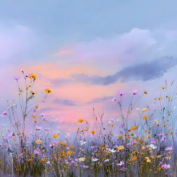 Vivid Sunset Over Flower Field: A painting of wildflowers silhouetted against a sky ablaze with the soft hues of dusk, evoking a sense of peace and serene beauty.