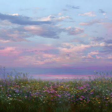 Sunset Meadow: A serene view unfolds across a vibrant meadow under a stunning sunset sky, where a kaleidoscope of flowers blooms, the image is a captivating fusion of tranquility and color.