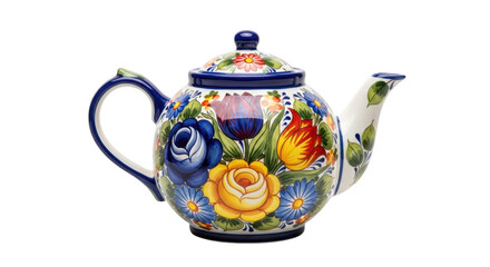 Ceramic teapot with floral design isolated on transparent background